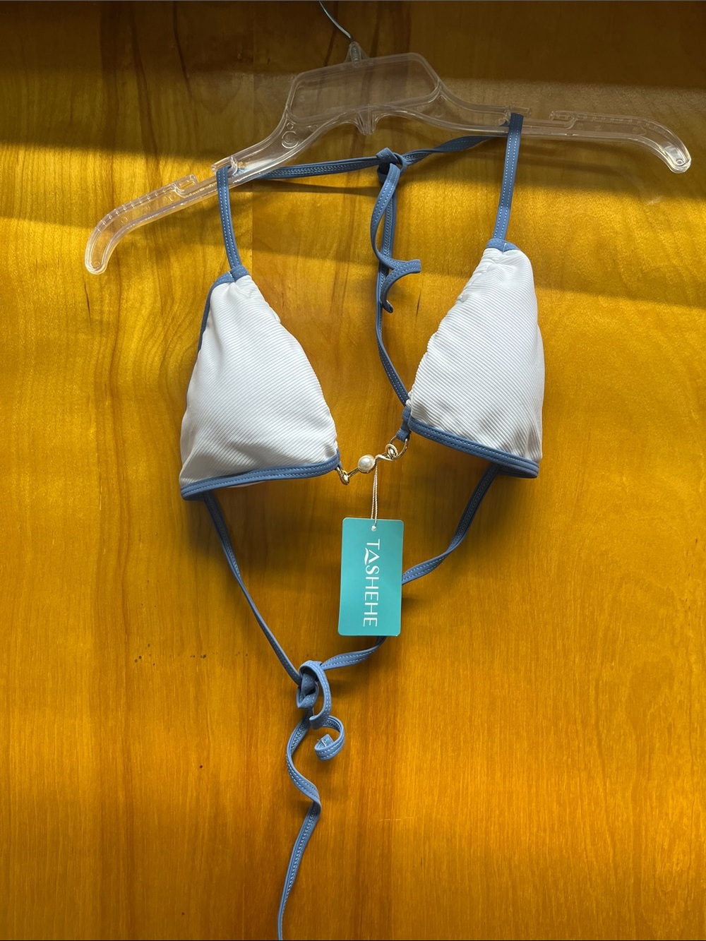 White Triangle Bikini Top with Blue Trim and Adjustable Ties